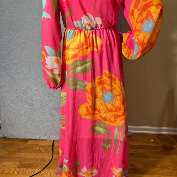 Womens Maxi Dress XXL‎ Bright Pink Floral Tropical Print Long-Sleeve Maxi - Picture 8 of 9